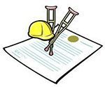 Clip art of a hard hat and crutches over a certificate