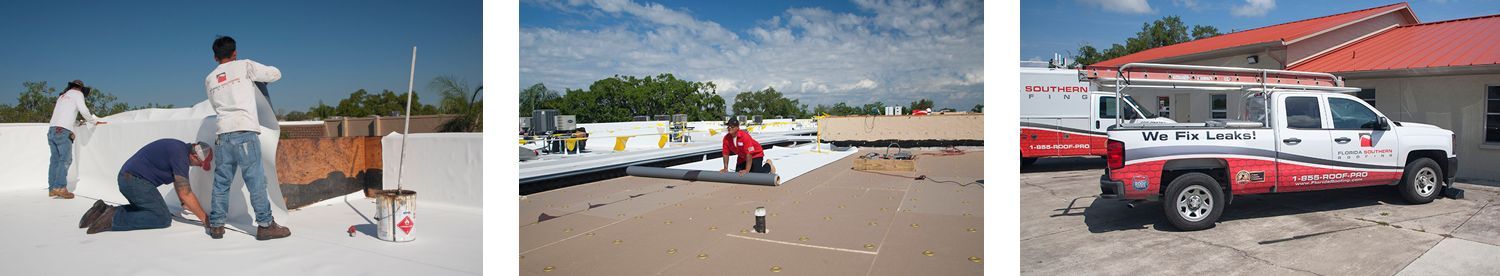 2 Photos of technicians working on Florida Commercial Roofs followed by a photo of one of the Florida Southern Roofing trucks parked in front of the Sarasota Headquarters of Florida Southern Roofing.